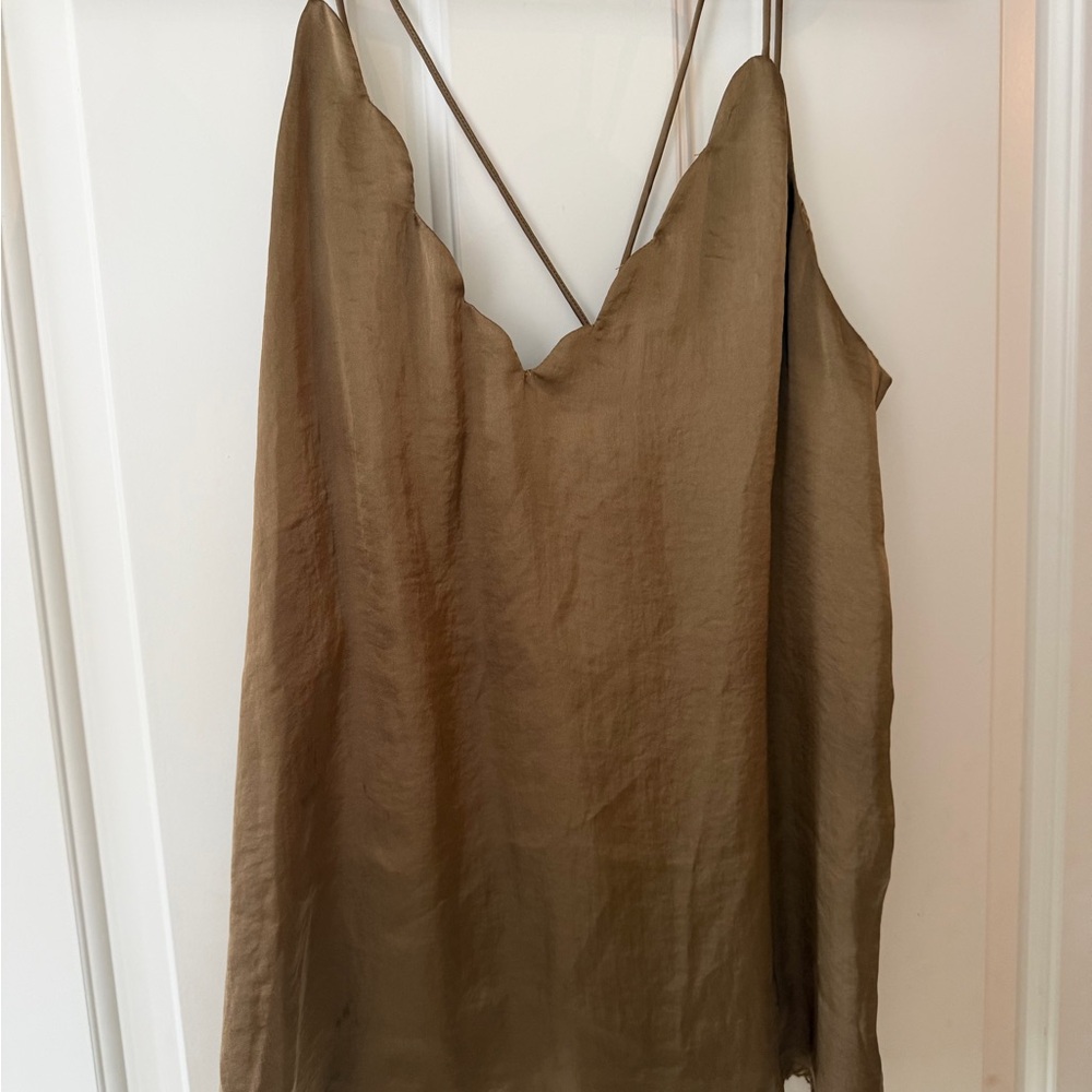 Women's Brown Satin Scallop V-Neck Cami Top